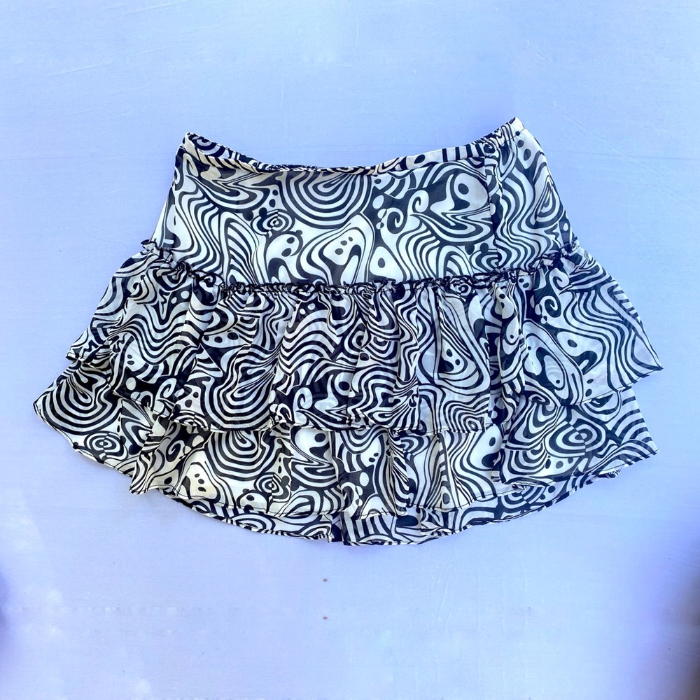 Psychedelic Festival Rave Skirt Black White Mini Pleat Ruffles
